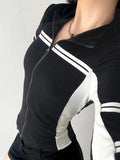 Dodobye-Contrast Color Splice Zipper Collar Neck Long Sleeve Knit