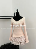 Dodobye Japaneses Kawaii Two Piece Set Women Sweet Lace Bow Tops + Y2k Mini Cake Skirt Autumn Winter Elegant Knitted Skirt Suits Chic