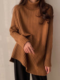 christmas outfit Dodobye Casual Long Sleeves Loose Split-Side Solid Color High-Neck Sweater Tops