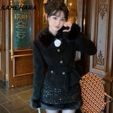 Dodobye Japanese Sweet Y2k Woolen Patchwork Collar Cotton Lining Thick Coats Retro Mini Short Skirts Temperament Two-piece Sets