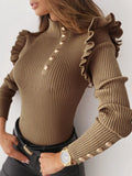 christmas outfit Dodobye Long Sleeves Skinny Buttoned Falbala Split-Joint High-Neck Pullovers Sweater Tops