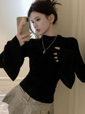 Black Friday Dodobye Sexy Slim Fit Flare Sleeve T-shirt Women Casual Solid O-neck Long Sleeves  Basic Shirt Female Autumn Thin Chic Elegant Base Tops