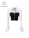 Dodobye Chic Black Chiffon Shirt Long Sleeve Tops Fashion Sexy Underbust Corset Women Bustier Tube Patchwork Fishbone Crop Tops 2025 New