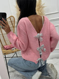 thanksgiving outfit Dodobye Knitted Bow Lace Up Sweaters Women Hollow Out Deep V-neck Long Sleeve Cardigans Female 2024 Autumn Solid Y2k Streetwear Lady