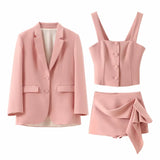 thanksgiving outfit Dodobye 2024 Spring Summer Solid Office Lady Suits Fashion Shrug Single Breasted Blazers+Short Slim Vests+Pleat Mini Short Skirts