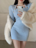 Dodobye 2025 Winter Blue Sexy Slim Bodycon Dress Woman Korean Fashion Elegant Knitted Dress Short Party Y2k Mini Dress Office Lady Chic