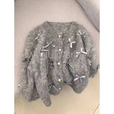 Dodobye 2025 Autumn Winter Women Temperament High Soft Mohair Knitted Cardigan Fragrant Coat Casual Tops Korean Grey Bow Sweater