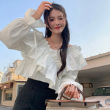 Dodobye Sexy Off Shoulder Sweet Blouse Women Korean Fashion Ruffles Elegant Cropped Shirt Fall Lace Up Design Lady Chic White Tops