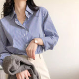 Dodobye Chic Korean Striped Women Shirts Fall Long Sleeve Office Ladies Shirt Blue Elegant Button Up Female Tops New