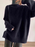 christmas outfit Dodobye Long Sleeves Loose Solid Color Split-Side High-Neck Knitwear Pullovers Sweater Tops