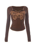 Dodobye-Butterfly Print Notch Neck Quilted Long Sleeve Tee