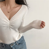 Dodobye Sexy V Neck Women Sweater Autumn Knitted Pullover Jumper Chic Soft Korean Slim Long Sleeve Female Basic Top New