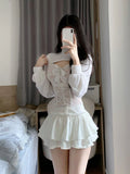 Dodobye Korean Fashion White Skirt Sets Women Casual Slim Crop Tops + Sexy Y2K Lace Vest + Sweet Party Kawaii Mini Skirt 2025 Spring