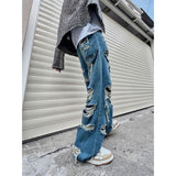 Dodobye Blue hole design high street popular high waisted jeans men y2k baggy hip hop fashion trend straight wide leg pants 2025 vintage