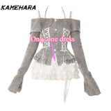 Dodobye Japanese Harajuku Style One Shoulder Hanging Neck Suspender Knitted Coat Shibuya Street Cake Half Skirt Y2k 2 Piece Set