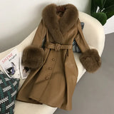 thanksgiving outfit Dodobye 2024 New Women's Leather Jacket With Fox Fur Collar Long Fashionable Elegant Waist-Fitted Sheepskin Overcoat For Autumn/Winter