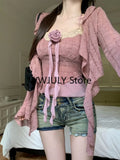 Dodobye New 2025 Pink Elegant 2 Piece Set Office Lady Lace Sexy Strap Tops Casual Cardigan Korean Fashion Blouse Suit Woman Outfits