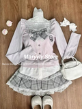 Dodobye Japanese Sweet Preppy Style Skirt Set Women Kawaii Lace Patchwork Bow Tops + Y2k Plaid Mini Skirt Elegant Outifits 2 Piece Set