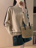 christmas outfit Dodobye High-Low Long Sleeves Contrast Color Split-Joint Split-Side High Neck Pullovers Sweater Tops