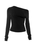 Dodobye-Solid One Shoulder Long Sleeve Tee