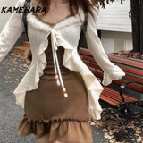 Dodobye American Style Vintage 2 Piece Set Spicy Girl Sexy Sleeveless Mini Dress Knitted Ruffle Y2k Cardigan Fashion Suit Woman