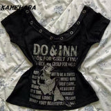 Dodobye E-girl Gothic Grunge Top Millennium Y2K Punk Rock Black Letter T-shirt Top Striped Strap American Design Two Piece Set