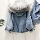 Dodobye 2025 New Winter Jacket Women Velvet Thick Denim Jacket Big Faux Fur Collar Hooded Jean Jacket Female Vintage Casual Outwear 1025