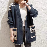 Dodobye Fall Winter  Women Plaid Patchwork Sweater With Pockets V-Neck Buttons Up Cardigan Coat Lantern Sleeve Office Sweater