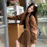 thanksgiving outfit Dodobye 2024 Autumn New Sensibility Maillard Brown Vintage Leather Jacket With Pleated Skirt Set Women Fashion Dress Set