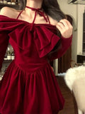 Dodobye 2025 Winter Vintage Red Velvet Short Party Dress Woman Bow Elegant Y2k Mini Dress Lolita Kawaii One Piece Dress Korean Fashion