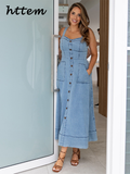 Dodobye Fashion Denim Single Breasted Strap Dress Women V-neck Sleeveless Backless Pocket Spliced  Dresess 2024 Summer Lady Casual Robes