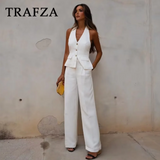 thanksgiving outfit Dodobye 2024 Spring Summer Casual Women Solid Suits Fashion V Neck Halter Single Breasted Vests+Chic High Waist Wide Leg Pants