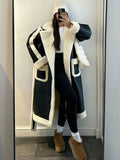 christmas outfit Dodobye Women's Chic Contrast Spliced Lamb Wool Long Jackets Fashion Belted Thicken Warm Lapel Full Sleeved Coat Female Loose Streetwear