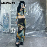 Dodobye Retro Y2k Oil Painting Print Ruffle Edge Spicy Girl Mesh Long Sleeved Top Wrapped Buttocks and Long Skirt 2-piece Sets