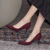 Dodobye Women High Heel Shoes Sharp Pointed Thin Heel High-heeled Pumps Shoes New Suede Black Red Blue Women's Single Shoes Big Size 42