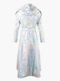 christmas outfit Dodobye Spring Long Shiny Reflective Holographic Silver Faux Leather Trench Coat for Women with Hood Zip Up Y2K Streetwear