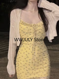 Dodobye 2025 Autumn Sweet Korean Fashion Suit Woman Thin Casual Cardigan + Floral Strap Y2k Mini Dress Party Beach Elegant Dress Chic