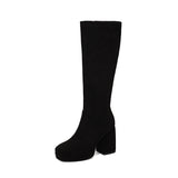 thanksgiving outfit Dodobye Women Knee High Boots Flock Suede Round Toe Block Heels 9cm Platform 2cm Slip On 45 46 47 Concise Daily Female Booties