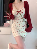 Dodobye Sweet 2 Piece Dress Set Woman Red Long Sleeve Cardigan + Strap Floral Y2k Mini Dress Party Korean Fashion Suit 2025 Autumn Chic