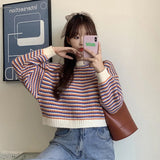 Black Friday Dodobye Korean Striped Sweater Women Loose Lazy Fall Winter O-Neck Knitted Pullover Harajuku Sweet Pretty Style School Jumpers Tops