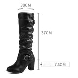 thanksgiving outfit Dodobye Classic Women Knee High Boots Round Toe Block Heels 7.5cm 51 52 Pleated Fashion Booties