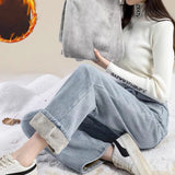 Dodobye High Waist Straight Pants Cashmere Thermal Jeans Casual Loose Thickened Office Trousers Women Autumn Winter