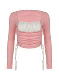 Dodobye-Square Neck Contrast Color Splice Drawstring Long Sleeve Knit