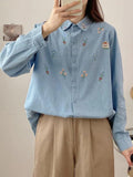 Dodobye Vintage Bear Flower Embroidery Denim Blouses&Shirts