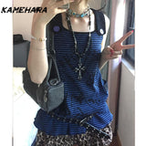 Dodobye Japanese Kawaii Hot Girl Striped Sleeveless Graffiti Vest College Style High Waist Patchwork Cake Skirt Y2k 2-Piece Set