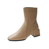 Dodobye Autumn and Winter New Chunky Mid-heel Square Ankle Boots for Women Knitted Apricot Skinny Socks Single Boots