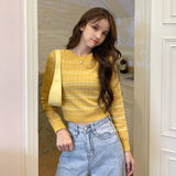 Black Friday Dodobye O-Neck Striped Sweater Women Knitted Long Sleeve Sweet Cropped Slim Thin Jumpers Spring Fall Fashion Casual Chic Basic Tops