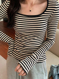 Dodobye-Striped Print Square Neck Slim Long Sleeve Tee