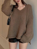 Dodobye-Solid V Neck Slit Rolled Sweater