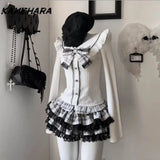 Dodobye E-girl Gothic Uniform Patchwork Lace Bow Tops High Waisted Checkered Cake Skirts Shibuya Street Two-piece Sets Платье